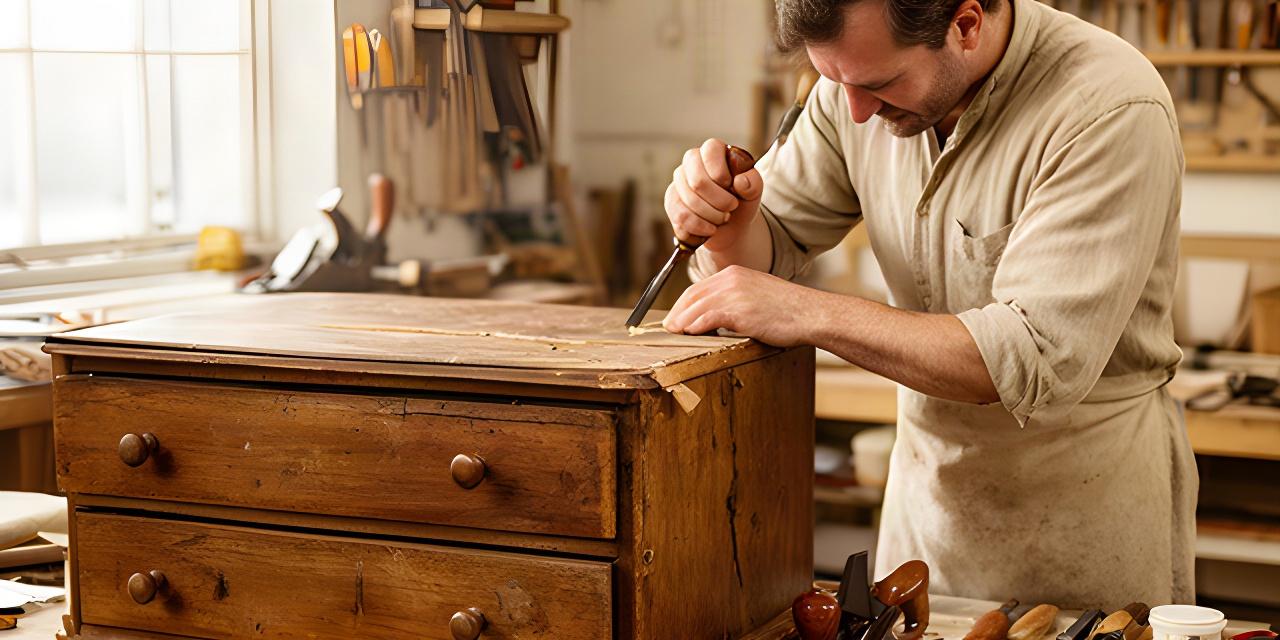 Restaurator bearbeitet eine antike Holzkommode in einer hellen Werkstatt mit Handwerkzeugen