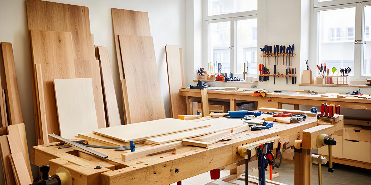 Helle Möbelwerkstatt in Sankt Gallen mit Werkbank, Holzplatten und sorgfältig sortierten Werkzeugen