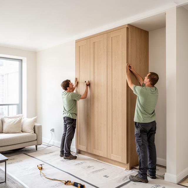 Montageteam richtet einen individuell gefertigten Einbauschrank in einem hellen Wohnraum aus