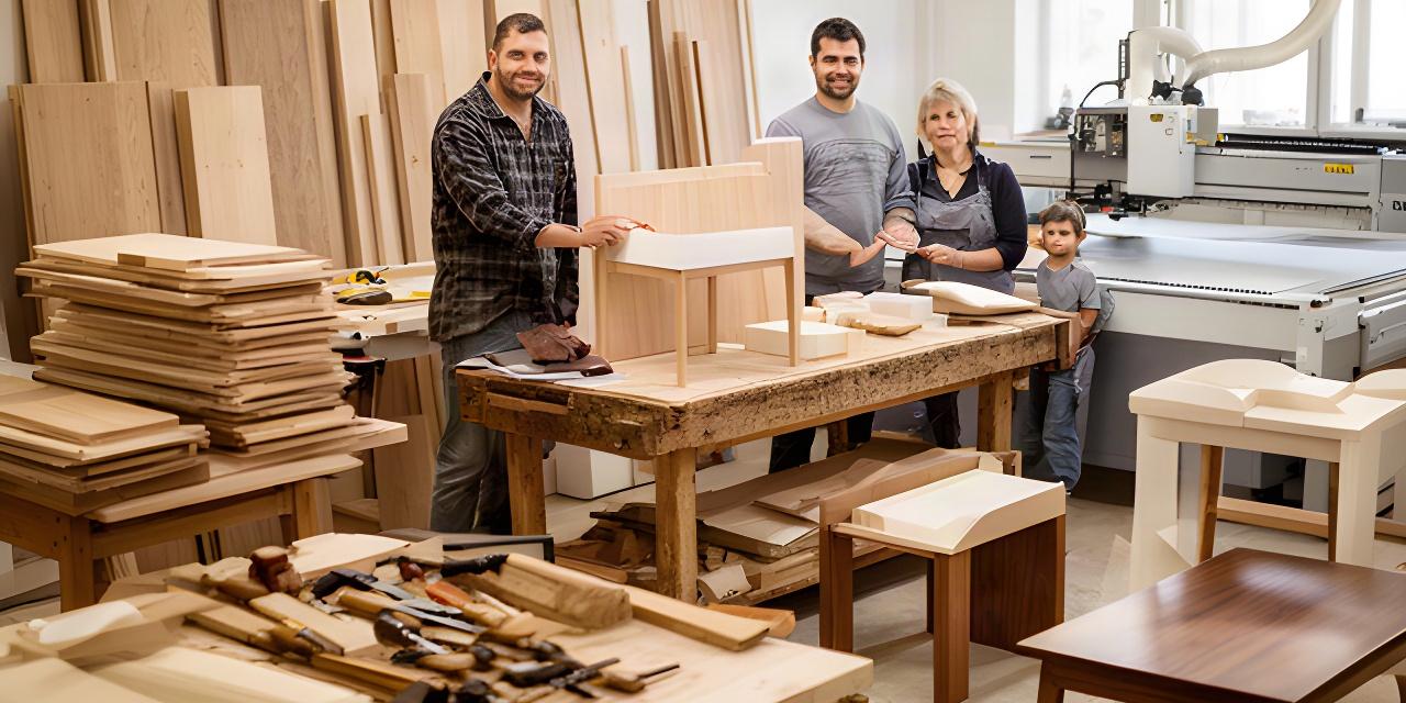 Möbelteam in einer hellen Werkstatt in Sankt Gallen zwischen Holzplatten und fertigen Einzelmöbeln