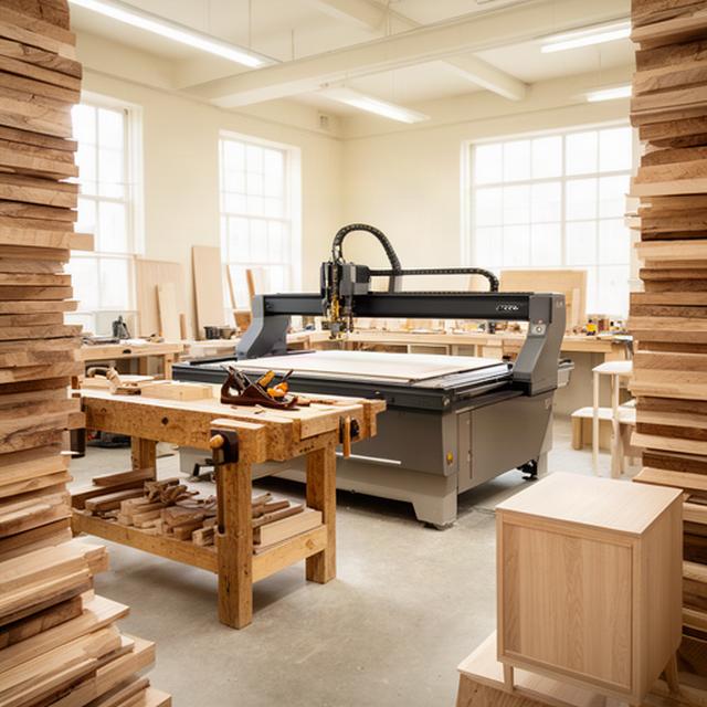 Helle Werkstatt mit CNC-Maschine, Hobelbank und sorgfältig gestapeltem regionalem Holz