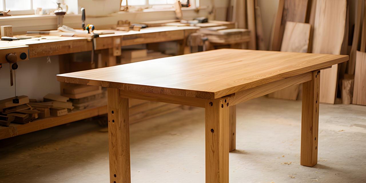 Handgefertigter Eichentisch in einer hellen Werkstatt mit sichtbaren Holzdübeln und geölter Oberfläche