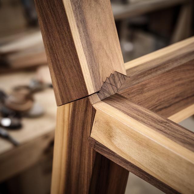 Nahaufnahme einer präzisen Holzverbindung an einem handgefertigten Möbelstück in der Werkstatt