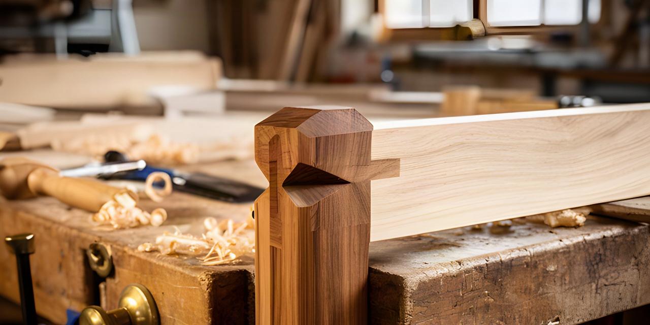 Detail einer handgefertigten Holzverbindung auf einer Werkbank in einer Schweizer Möbelwerkstatt