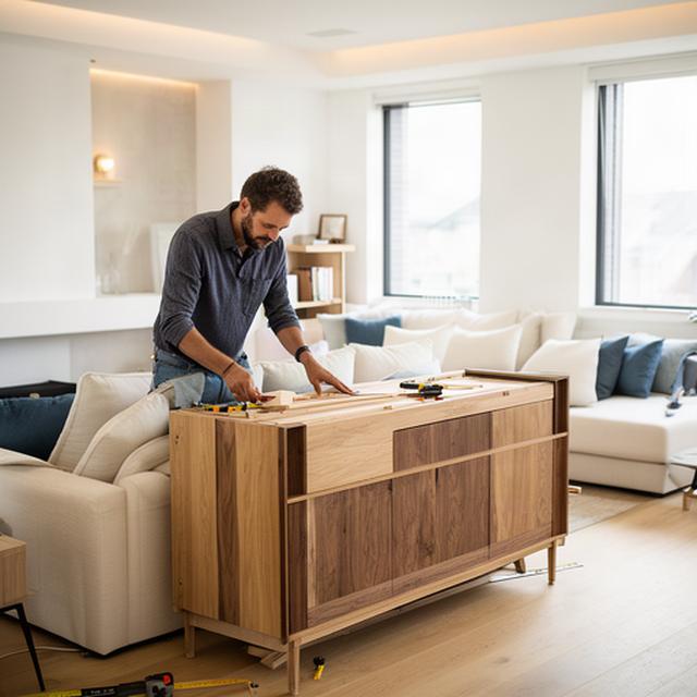 Möbelschreiner montiert ein individuelles Sideboard in einem hellen Wohnraum