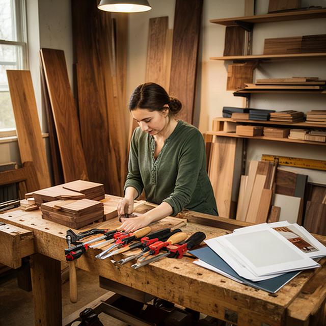 Möbelschreinerin in einer aufgeräumten Werkstatt mit Massivholz und sorgfältig beschrifteten Projektunterlagen
